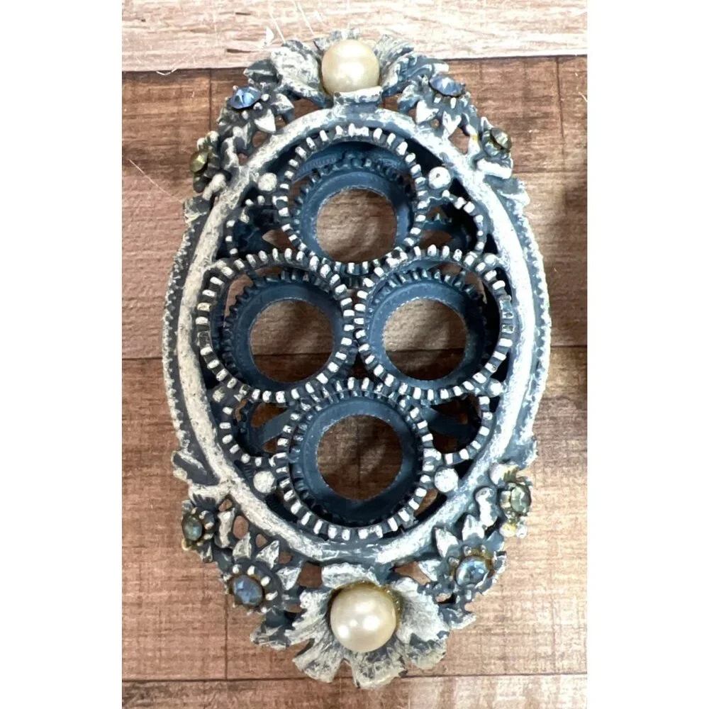 VTG FLORENZA Ornate Blue Wash White Metal Glass Vanity Dish & Lipstick Holder